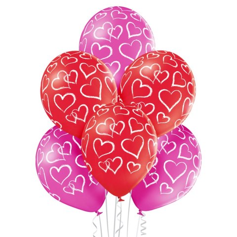 Zestaw Balonów w Białe Serca (30 cm) - Czerwone i Różowe - 12 szt.