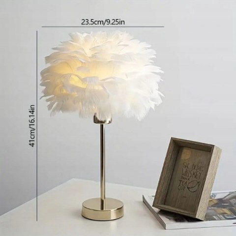 Lampa Stołowa z Kloszem z Piór – Złota Podstawa – 41 cm