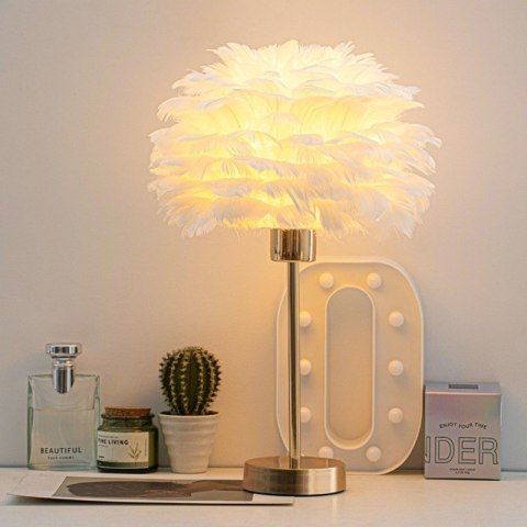 Lampa Stołowa z Kloszem z Piór – Złota Podstawa – 41 cm