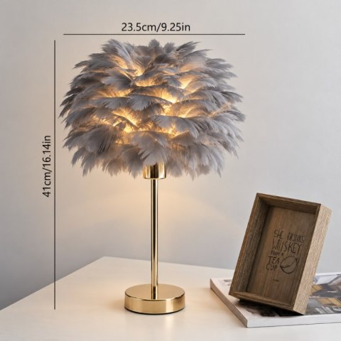 Lampa Stołowa z Kloszem z Piór – Złota Podstawa – 41 cm