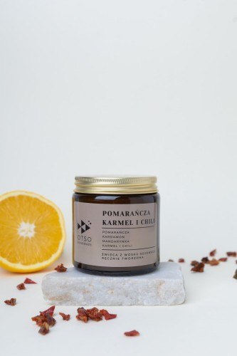 Świeca Sojowa: Pomarańcza, Karmel i Chili (Ognisty Deser) – 120 ml